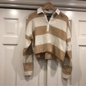 American Eagle Outfitters Rugby Tan and White Striped Crop Sweater Preppy 80’s